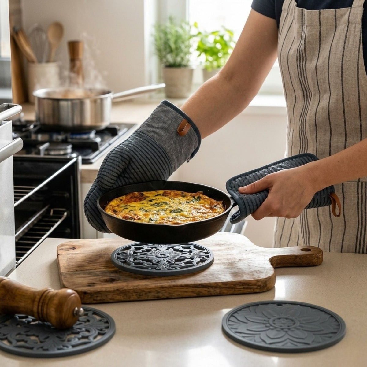7-Piece Kitchen Heat Protection Set (Oven Mitts, Potholders, and Trivets)