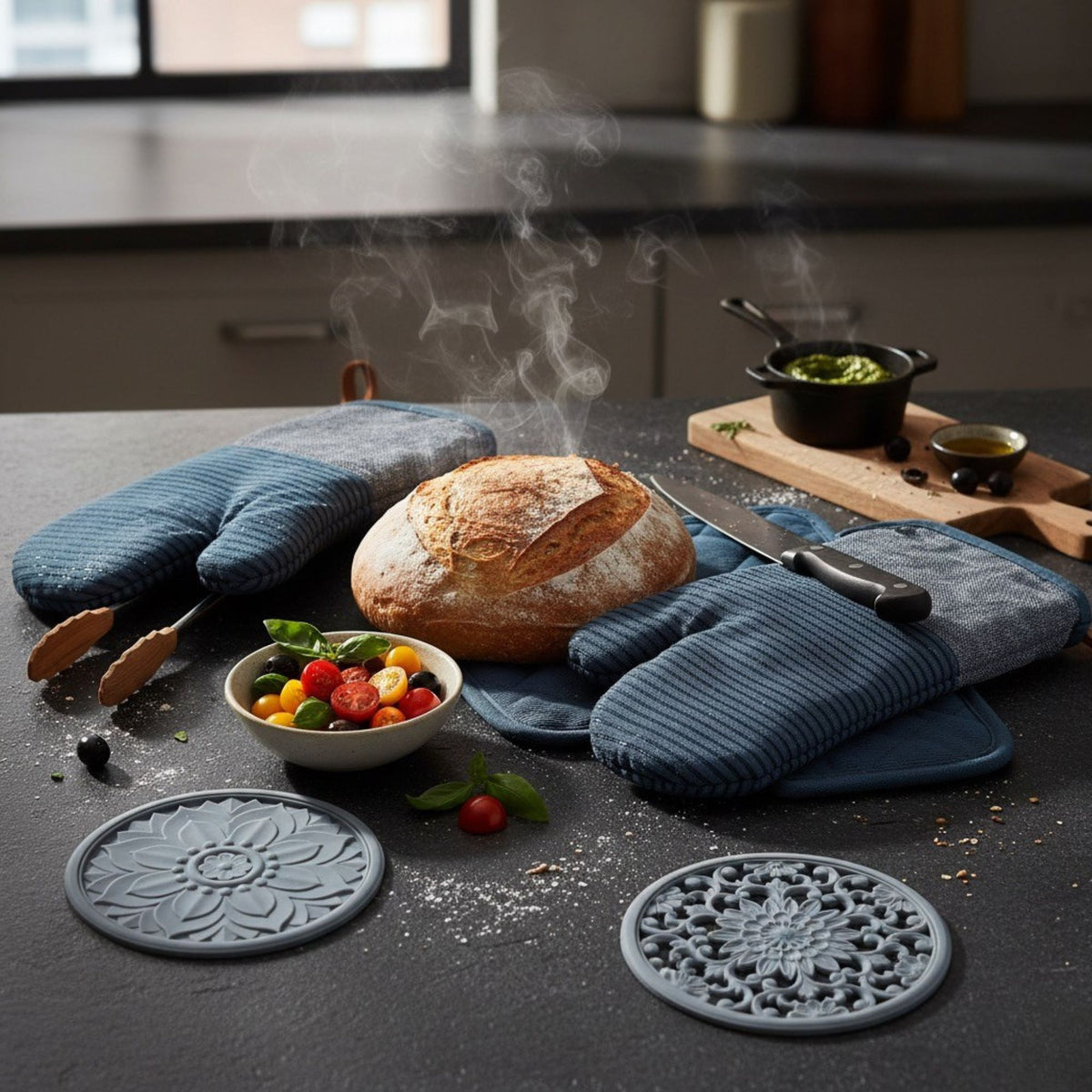 7-Piece Kitchen Heat Protection Set (Oven Mitts, Potholders, and Trivets)
