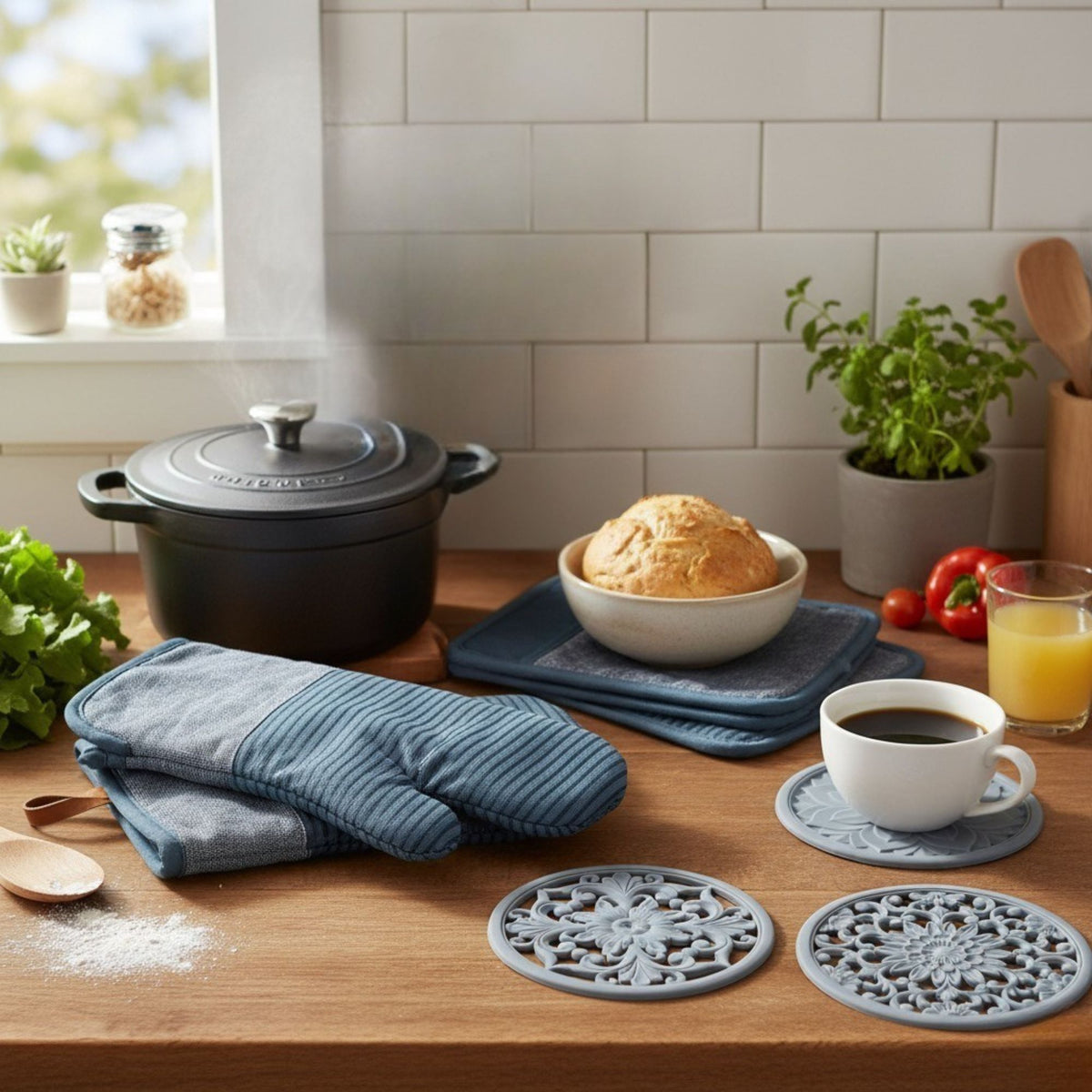 7-Piece Kitchen Heat Protection Set (Oven Mitts, Potholders, and Trivets)