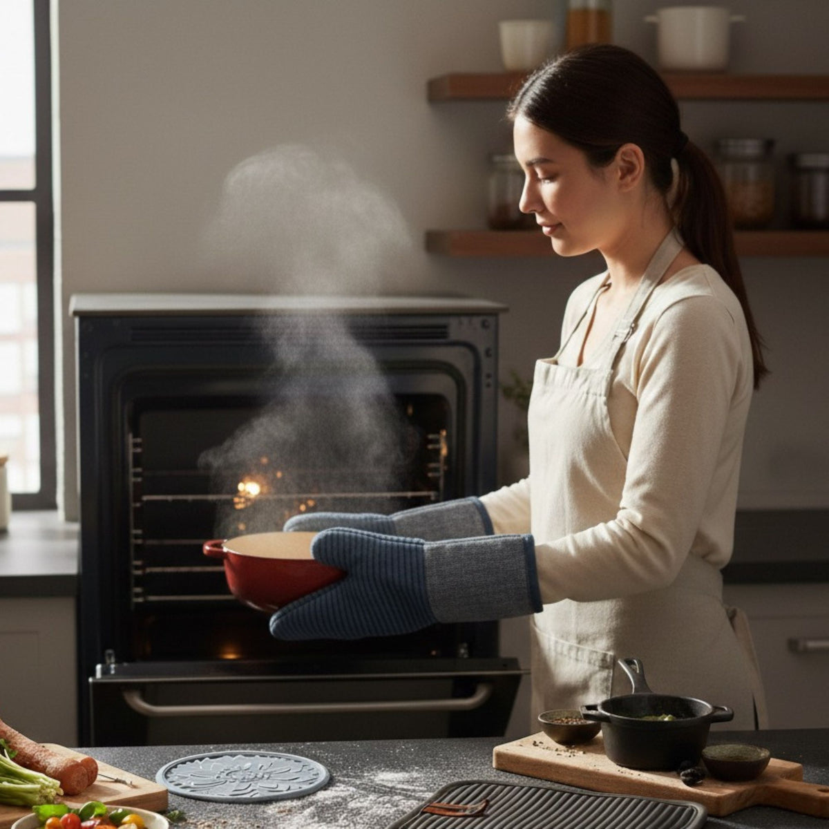 7-Piece Kitchen Heat Protection Set (Oven Mitts, Potholders, and Trivets)