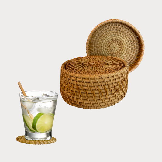 Handwoven Rattan Coasters & Holder (Set of 6)