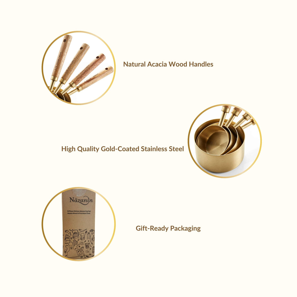 Acacia Wood & Gold Measuring Set (9-Piece)